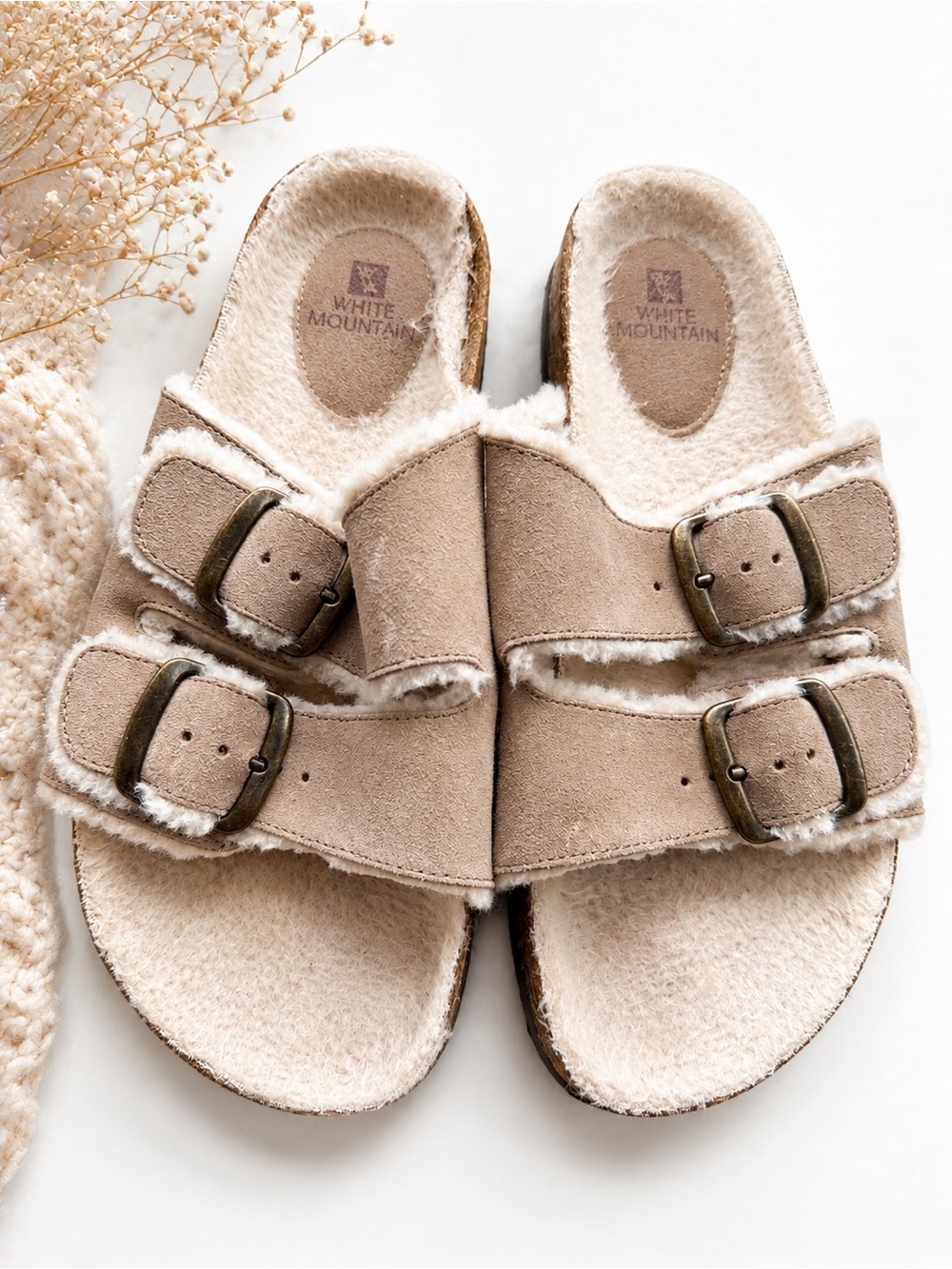 White Mountain Taupe Faux Suede Shearling Slide Sandals with Buckles